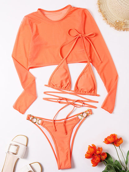 Swimwear- 3-Piece Bikini Set Triangle Bra with Thong and Tee Cover Up- - IndioGear Fashion and Gear