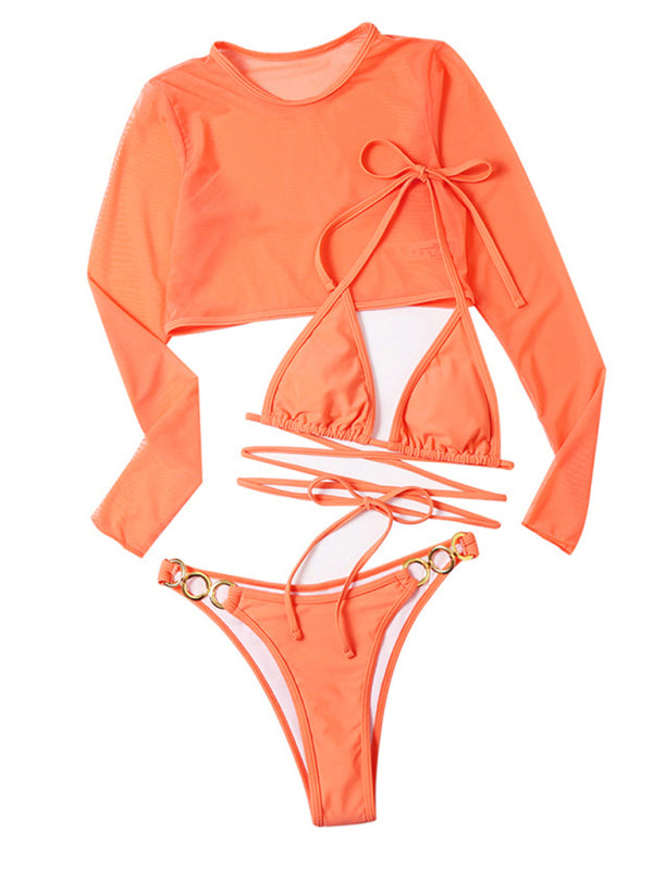 Swimwear- 3-Piece Bikini Set Triangle Bra with Thong and Tee Cover Up- - IndioGear Fashion and Gear