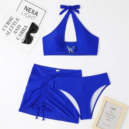 Swimwear- 3-Piece Bikini Set: Wireless Bra + High-Waisted Thong + Stylish Skirt- - IndioGear Fashion and Gear