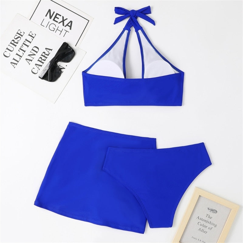 Swimwear- 3-Piece Bikini Set: Wireless Bra + High-Waisted Thong + Stylish Skirt- - IndioGear Fashion and Gear