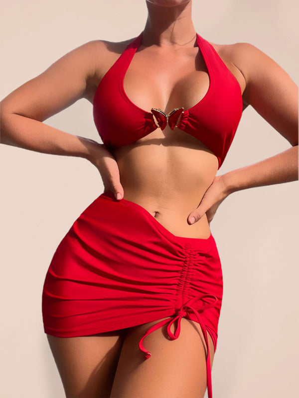 Swimwear- 3-Piece Bikini Set: Wireless Bra + High-Waisted Thong + Stylish Skirt- Red- IndioGear Fashion and Gear