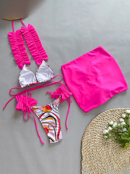 Swimwear- 3 Piece Ruffle Swimwear Triangle Bra & Tie-Side Bikini & Cover-Up in Colorful Print- - IndioGear Fashion and Gear