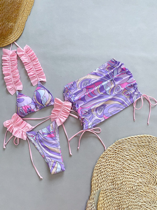 Swimwear- 3 Piece Ruffle Swimwear Triangle Bra & Tie-Side Bikini & Cover-Up in Colorful Print- - IndioGear Fashion and Gear