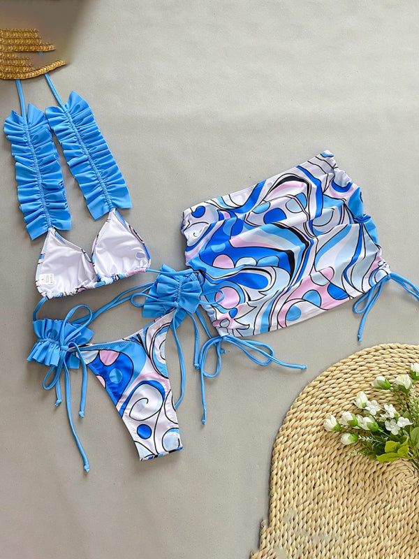 Swimwear- 3 Piece Ruffle Swimwear Triangle Bra & Tie-Side Bikini & Cover-Up in Colorful Print- - IndioGear Fashion and Gear