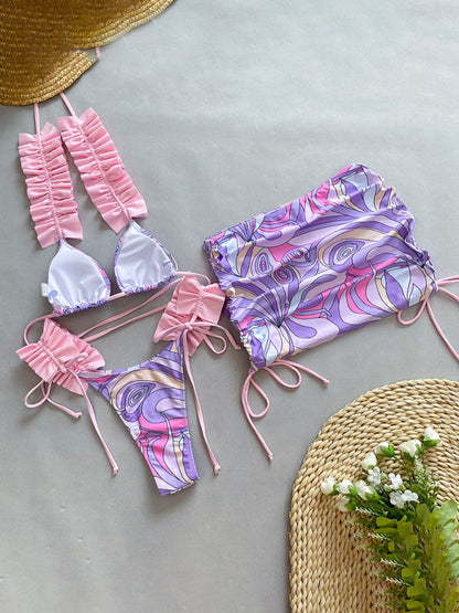 Swimwear- 3 Piece Ruffle Swimwear Triangle Bra & Tie-Side Bikini & Cover-Up in Colorful Print- - IndioGear Fashion and Gear