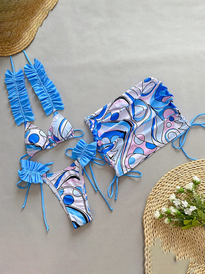 Swimwear- 3 Piece Ruffle Swimwear Triangle Bra & Tie-Side Bikini & Cover-Up in Colorful Print- Blue- IndioGear Fashion and Gear