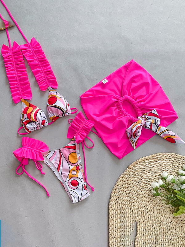 Swimwear- 3 Piece Ruffle Swimwear Triangle Bra & Tie-Side Bikini & Cover-Up in Colorful Print- Rose- IndioGear Fashion and Gear