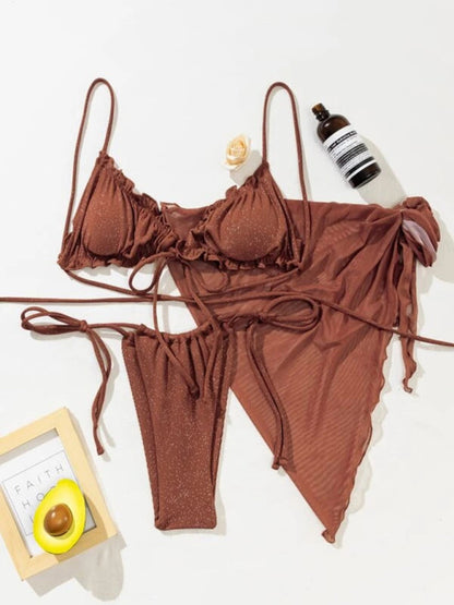 Swimwear- 3-Piece String Bikini Swimwear - Triangle Ruched Bra & Tie-Side Bottoms & Cover-Up- - IndioGear Fashion and Gear