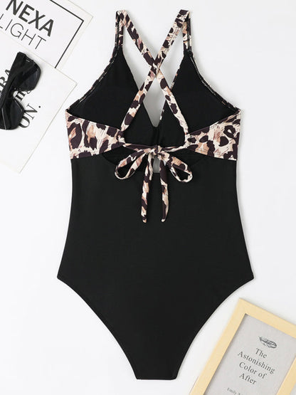 Swimwear- Add Flair to Your Beach Look with the Chic Cheetah Color Block Swimsuit- - IndioGear Fashion and Gear