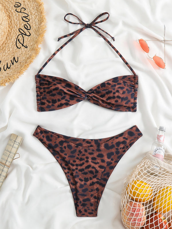 Swimwear- Bandeau Solid 2 Piece Swimwear with Twist Halter Bra & Bikini- Leopard- IndioGear Fashion and Gear