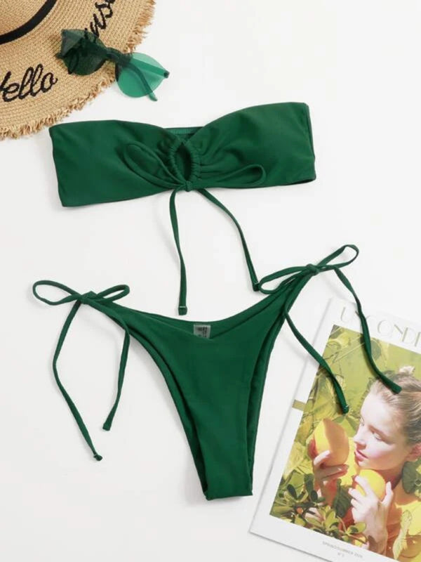 Swimwear-Bandeau Wireless Bra & Tie-Side String Thong 2-Piece Bikini Set-Pekosa Women Clothing