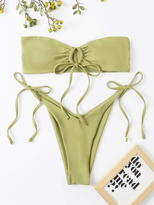 Swimwear-Bandeau Wireless Bra & Tie-Side String Thong 2-Piece Bikini Set-Pekosa Women Clothing