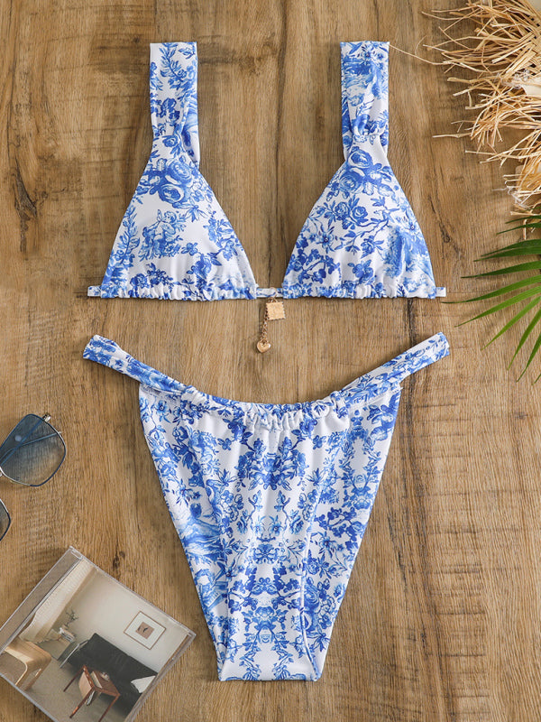 Swimwear- Blue Print 2 Piece Swimwear | Wireless Triangle Bra & Bikini- - IndioGear Fashion and Gear