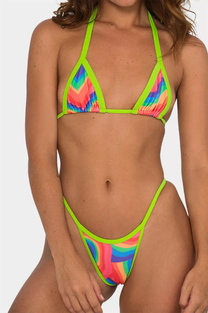 Swimwear- Brazilian Cutout 2-Piece Bikini Set: Wireless Triangle Bra + Mid Waist Thong- Lemon Green- IndioGear Fashion and Gear