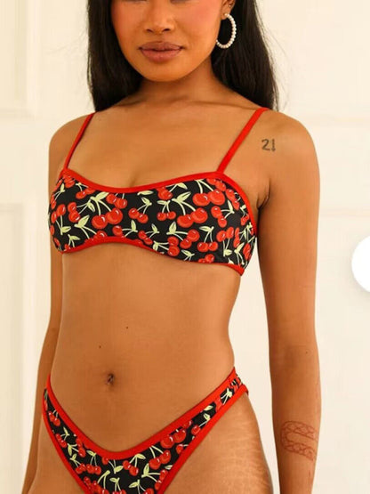 Swimwear- Cherry Print 2-Piece Bikini Swimwear - Top and Low Waist Bottoms- - IndioGear Fashion and Gear