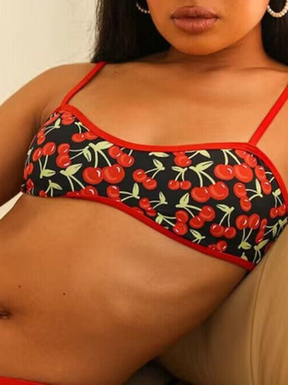 Swimwear- Cherry Print 2-Piece Bikini Swimwear - Top and Low Waist Bottoms- - IndioGear Fashion and Gear