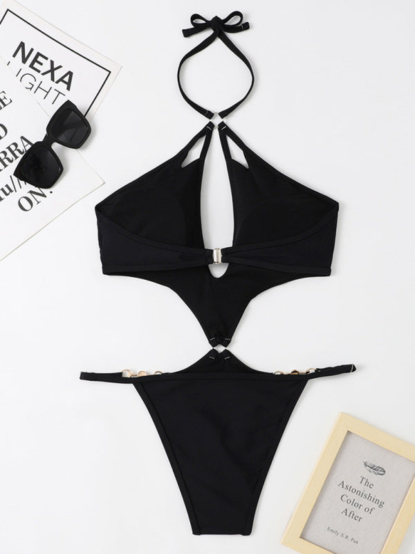 Swimwear- Chic Confidence: Halter Neck One Piece - Wireless Bra, Cutout Bust- - IndioGear Fashion and Gear