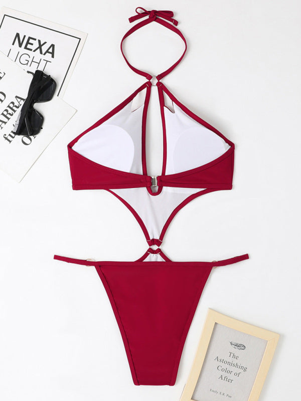 Swimwear- Chic Confidence: Halter Neck One Piece - Wireless Bra, Cutout Bust- - IndioGear Fashion and Gear