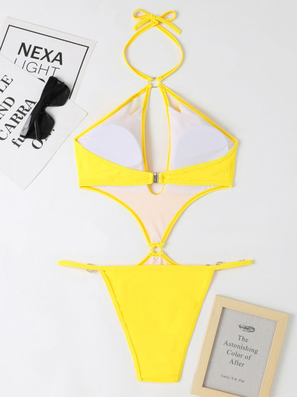 Swimwear- Chic Confidence: Halter Neck One Piece - Wireless Bra, Cutout Bust- - IndioGear Fashion and Gear