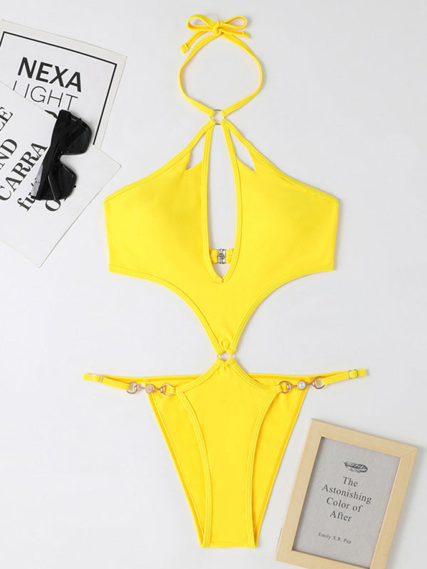 Swimwear- Chic Confidence: Halter Neck One Piece - Wireless Bra, Cutout Bust- - IndioGear Fashion and Gear