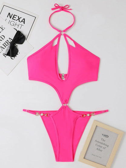 Swimwear- Chic Confidence: Halter Neck One Piece - Wireless Bra, Cutout Bust- - IndioGear Fashion and Gear