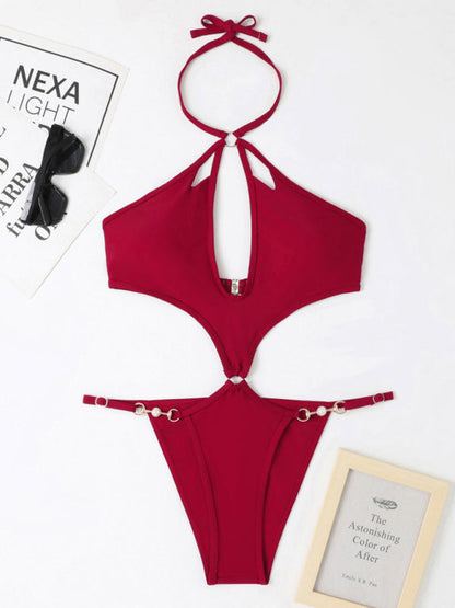 Swimwear- Chic Confidence: Halter Neck One Piece - Wireless Bra, Cutout Bust- - IndioGear Fashion and Gear