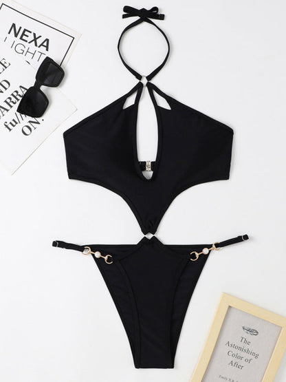 Swimwear- Chic Confidence: Halter Neck One Piece - Wireless Bra, Cutout Bust- - IndioGear Fashion and Gear