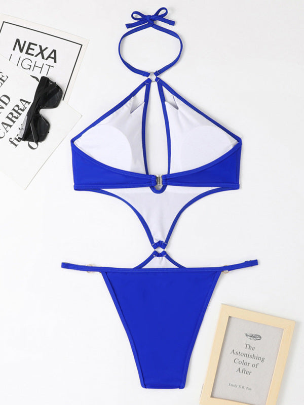 Swimwear- Chic Confidence: Halter Neck One Piece - Wireless Bra, Cutout Bust- - IndioGear Fashion and Gear