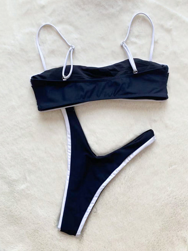 Swimwear- Contrast Binding 2-Piece Swimwear - Bandeau Bra & High Cut Bikini- - IndioGear Fashion and Gear