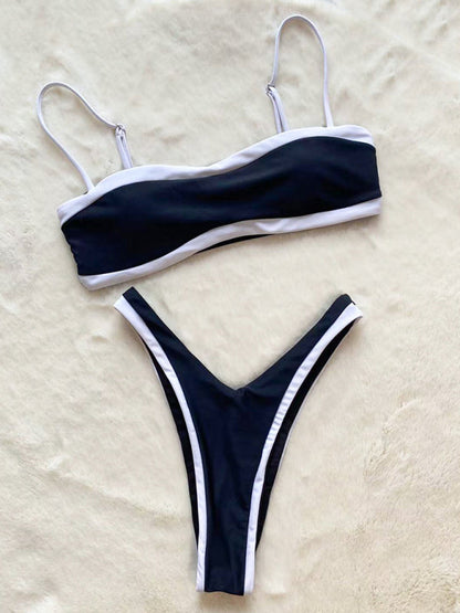 Swimwear- Contrast Binding 2-Piece Swimwear - Bandeau Bra & High Cut Bikini- - IndioGear Fashion and Gear