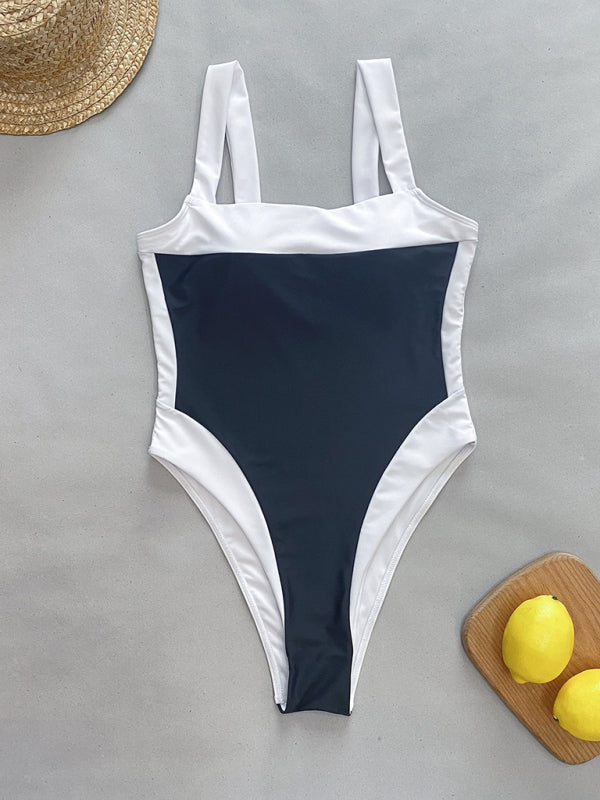 Swimwear- Elegant Contrast Binding One-Piece Swimwear | Square Neck Monokini- - IndioGear Fashion and Gear