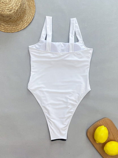 Swimwear- Elegant Contrast Binding One-Piece Swimwear | Square Neck Monokini- - IndioGear Fashion and Gear