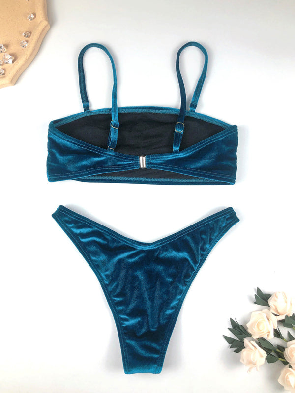 Swimwear-Elegant Velvet Bandeau Bikini 2-Piece with Thong Swim Bottoms-Pekosa Women Clothing