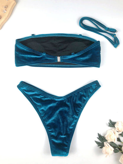 Swimwear-Elegant Velvet Bandeau Bikini 2-Piece with Thong Swim Bottoms-Pekosa Women Clothing