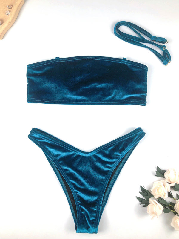 Swimwear-Elegant Velvet Bandeau Bikini 2-Piece with Thong Swim Bottoms-Pekosa Women Clothing