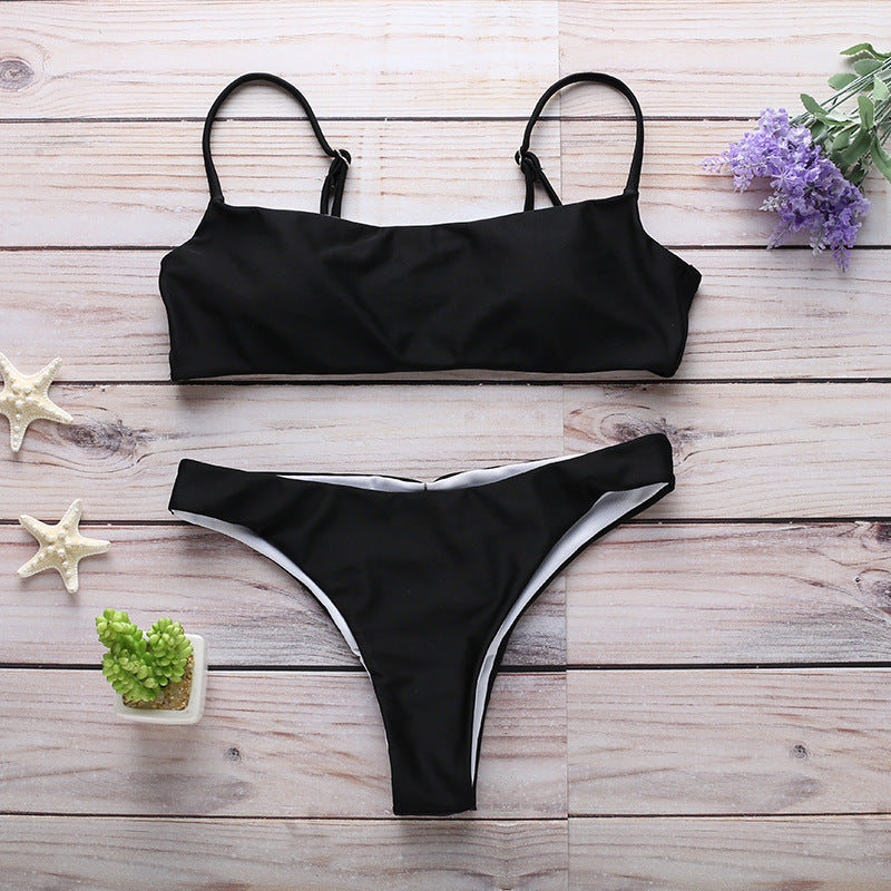 Swimwear- Essential 2 Piece Solid Swimwear Set - Wireless Sport Top & Bikini Bottoms- Black- IndioGear Fashion and Gear