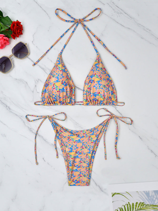 Swimwear- Floral 2 Piece String Bikini Swimsuit - Triangle Bra and Tie-Side Bottoms- - IndioGear Fashion and Gear