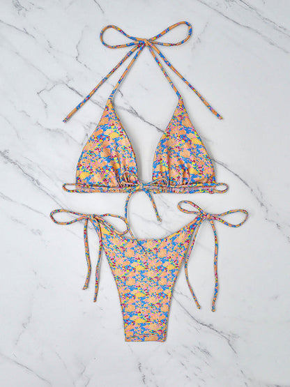 Swimwear- Floral 2 Piece String Bikini Swimsuit - Triangle Bra and Tie-Side Bottoms- - IndioGear Fashion and Gear