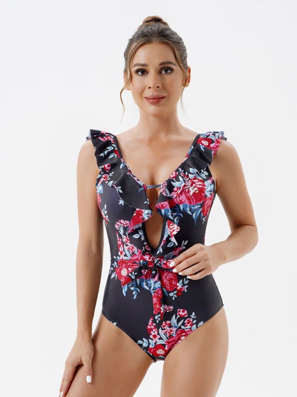 Swimwear- Floral One-Piece Cutout Backless Swimwear with Ruffle Accents- - IndioGear Fashion and Gear