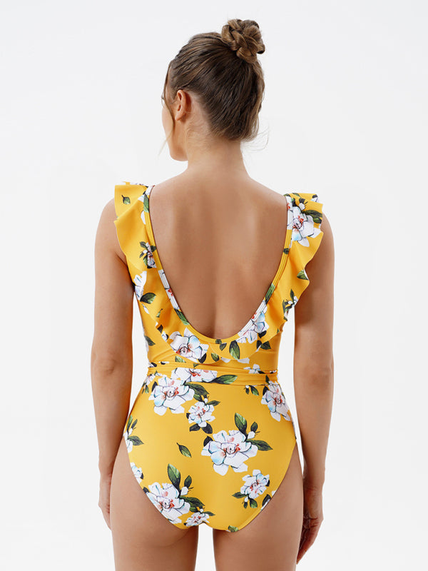 Swimwear- Floral One-Piece Cutout Backless Swimwear with Ruffle Accents- - IndioGear Fashion and Gear