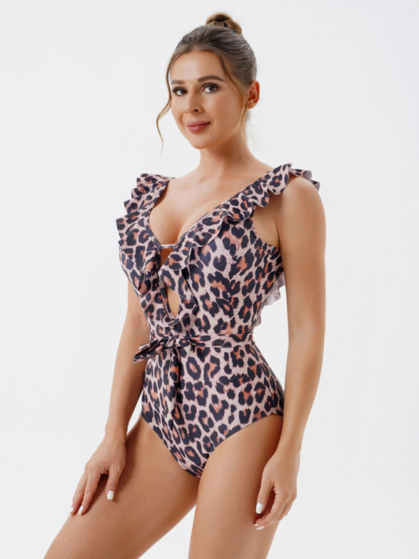 Swimwear- Floral One-Piece Cutout Backless Swimwear with Ruffle Accents- - IndioGear Fashion and Gear