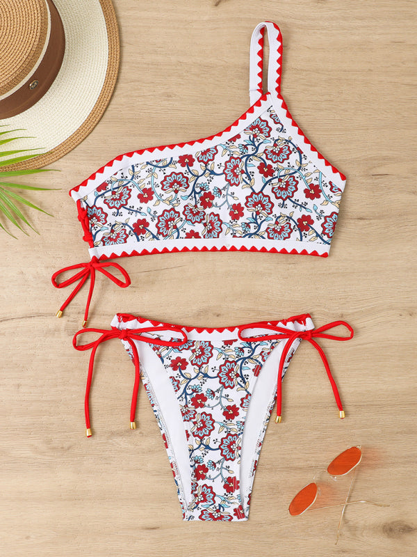 Swimwear- Floral Print 2 Piece Swimwear - One Shoulder Bra & Bikini Bottoms- - IndioGear Fashion and Gear