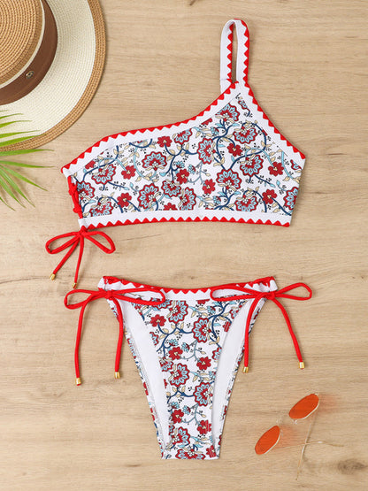 Swimwear- Floral Print 2 Piece Swimwear - One Shoulder Bra & Bikini Bottoms- - IndioGear Fashion and Gear