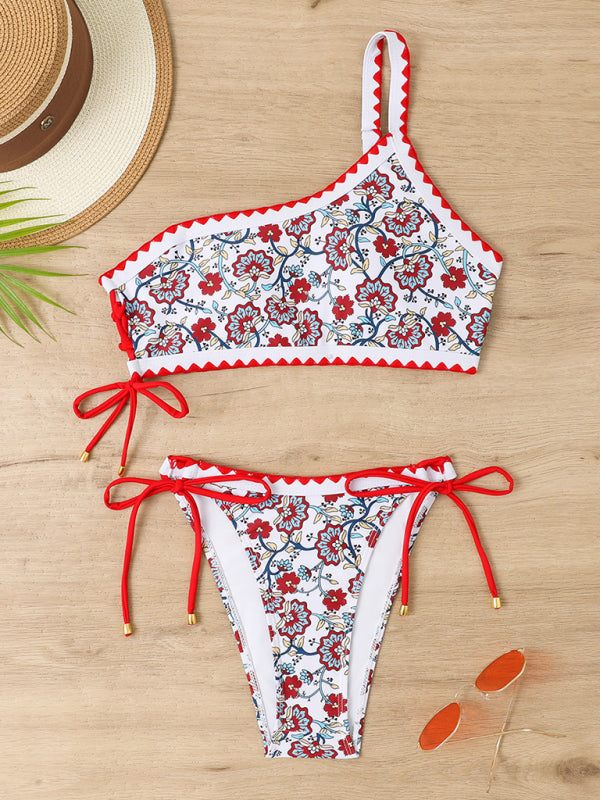 Swimwear- Floral Print 2 Piece Swimwear - One Shoulder Bra & Bikini Bottoms- Red- IndioGear Fashion and Gear