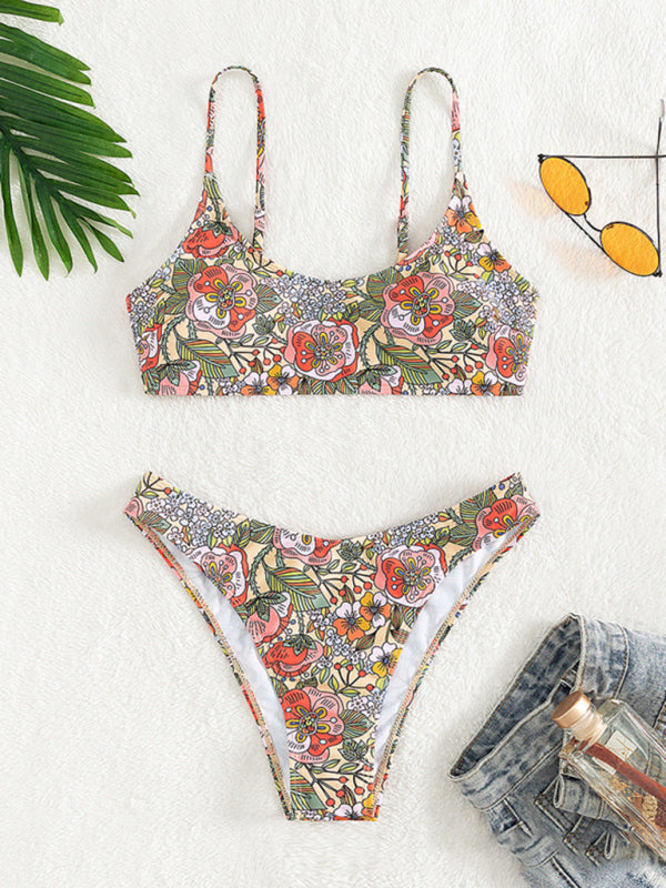 Swimwear- Floral Print 2 Piece Swimwear - Wireless Top & High Waist Bikini- - IndioGear Fashion and Gear