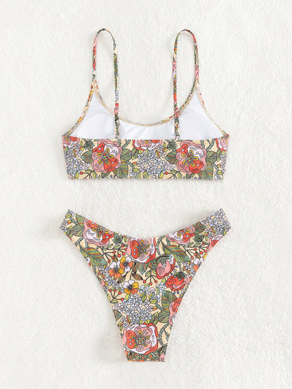 Swimwear- Floral Print 2 Piece Swimwear - Wireless Top & High Waist Bikini- - IndioGear Fashion and Gear