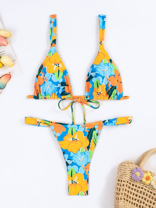 Swimwear- Floral Wireless Bra and Micro Bikini - 2 Piece Swimwear- - IndioGear Fashion and Gear