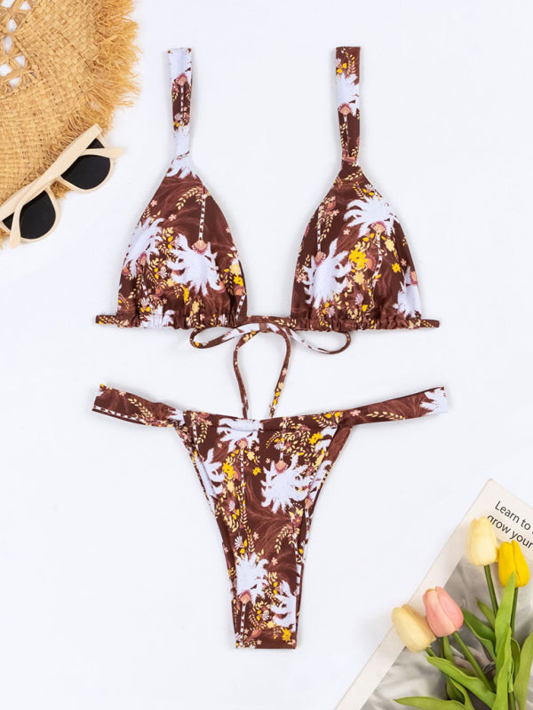 Swimwear- Floral Wireless Bra and Micro Bikini - 2 Piece Swimwear- - IndioGear Fashion and Gear