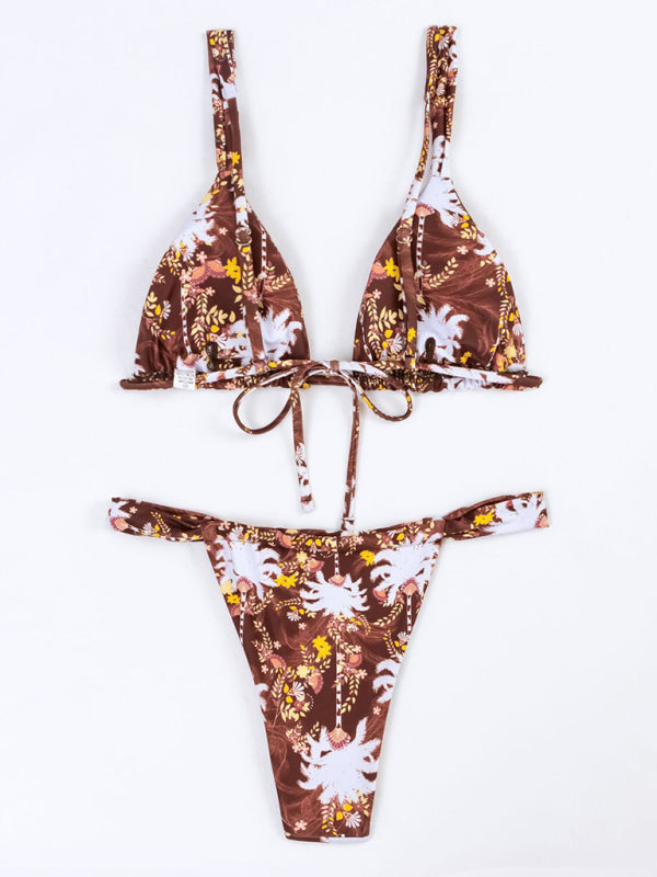 Swimwear- Floral Wireless Bra and Micro Bikini - 2 Piece Swimwear- - IndioGear Fashion and Gear