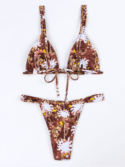 Swimwear- Floral Wireless Bra and Micro Bikini - 2 Piece Swimwear- - IndioGear Fashion and Gear